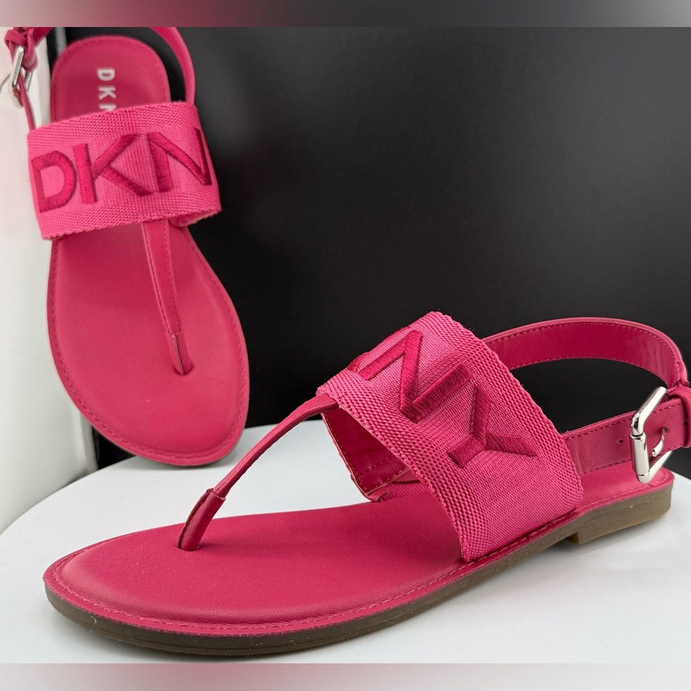 DKNY Logo T-Strap Sandals, Color: DEEP FUCHSIA